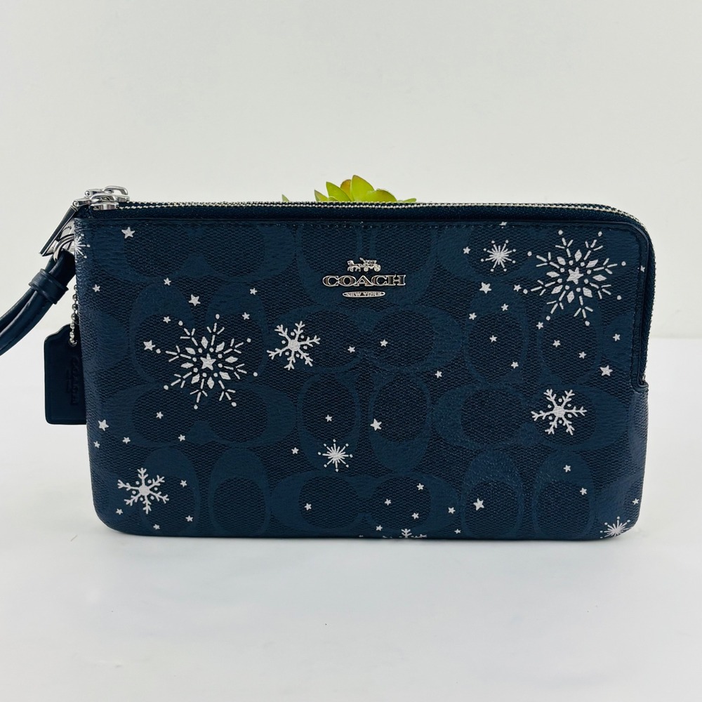 New Coach Double Zip Wristlet Wallet Signature Canvas Snowflake Midnight Blue